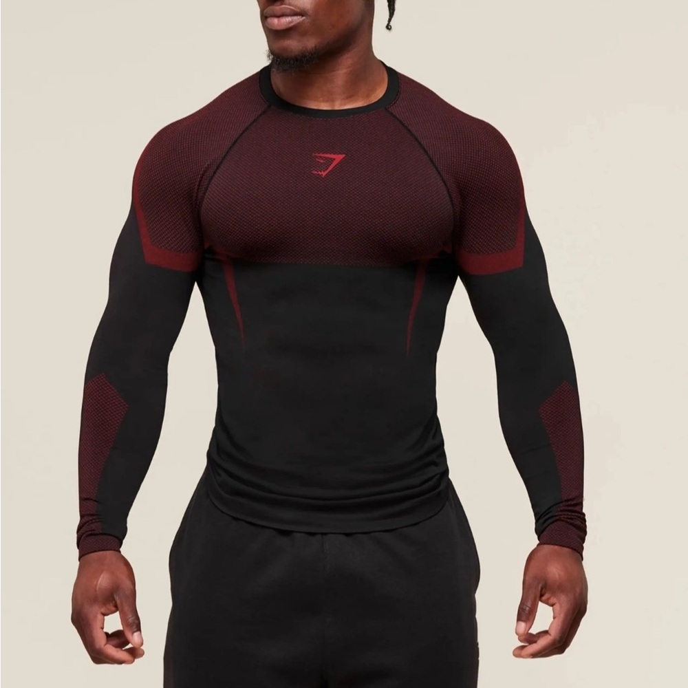 Gymshark Onyx 5.0 V5 Seamless Long Sleeve T-Shirt Black/Carmine Red, Size XL